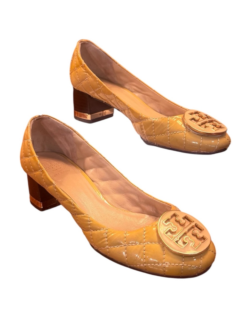 Tory Burch Quilted Patent Leather Block Heel Pumps in Mustard Yellow Size 6.5
